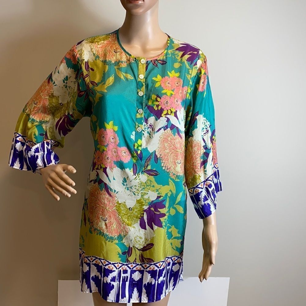 ❤️Last Chance Cabi colorful silk floral boho 3/4 sleeves tunic top size S
